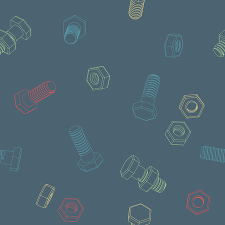 Seamless pattern with contour bolts and nuts on a green background. Isometric 3D vector illustration. For repair service, technical support, tool shop or others.のイラスト素材