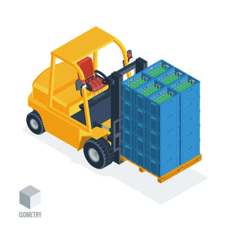 Forklift truck with boxes of bottles. 3d isometric vector illustration in a flat style, isolated on a white background.のイラスト素材