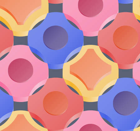 Abstract isometric 3D seamless pattern of multicolored geometric shapes. Vector illustration.のイラスト素材