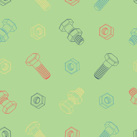 Seamless pattern with contour bolts and nuts on a green background. Isometric 3D vector illustration. For repair service, technical support, tool shop or others.のイラスト素材