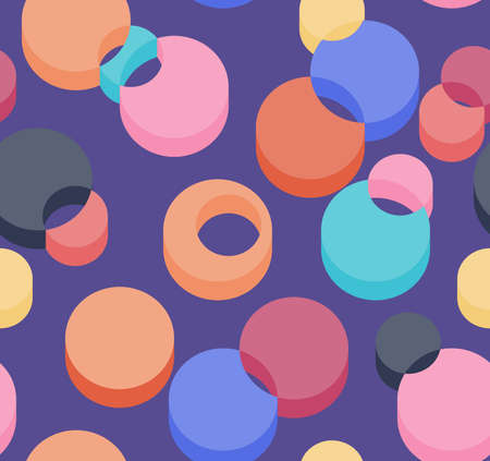 Abstract isometric 3D seamless pattern of multicolored intersecting circles. Vector illustration in flat style.のイラスト素材