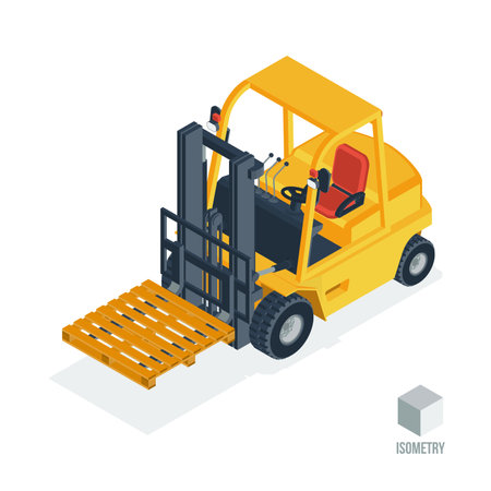 A forklift truck with an empty pallet. 3d isometric vector illustration in a flat style, isolated on a white background.のイラスト素材