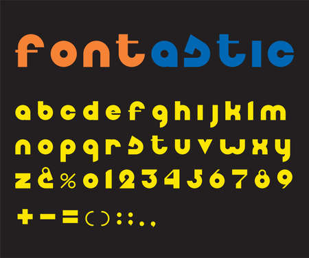 Vector colored font. Alphabet on a black background. Letters, numbers and punctuation marks.のイラスト素材