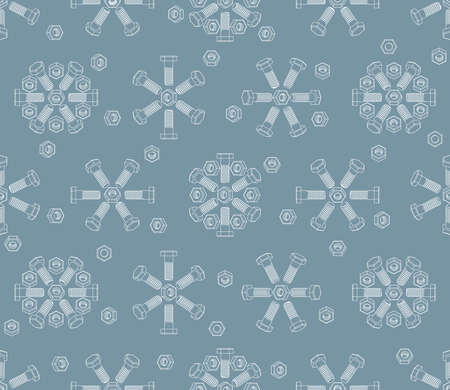 Christmas seamless pattern of bolts and nuts laid out in the shape of snowflakes. Isometric contour 3D drawing of fasteners. Vector background for construction tools store, technical support and others.のイラスト素材