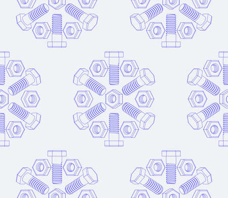 Christmas seamless pattern of bolts and nuts laid out in the shape of snowflakes. Isometric contour 3D drawing of fasteners. Vector background for construction tools store, technical support and others.のイラスト素材
