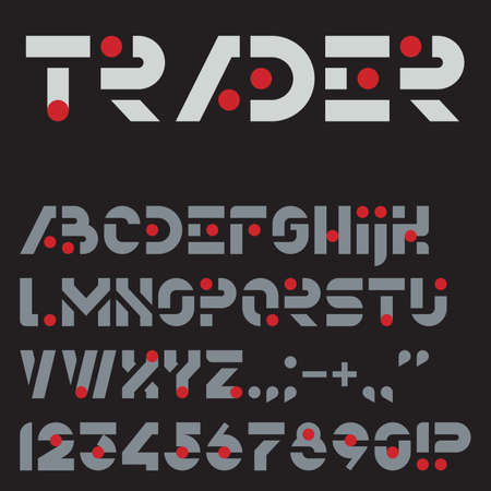 Vector creative font from tapes and circles. Color alphabet on a black background. Letters, numbers and punctuation marks.のイラスト素材