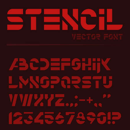 Vector stencil font. Monochrome alphabet. Letters, numbers and punctuation marks.のイラスト素材