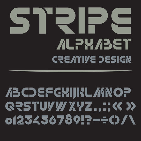 Vector stripe font. Monochrome alphabet. Letters, numbers and punctuation marks on a black background.のイラスト素材