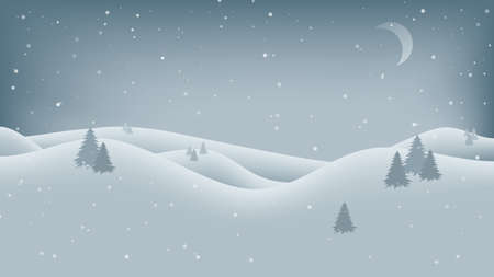 Winter landscape with snow-covered hills. Vector Christmas background. Fir trees, snow, blizzard, moon.のイラスト素材
