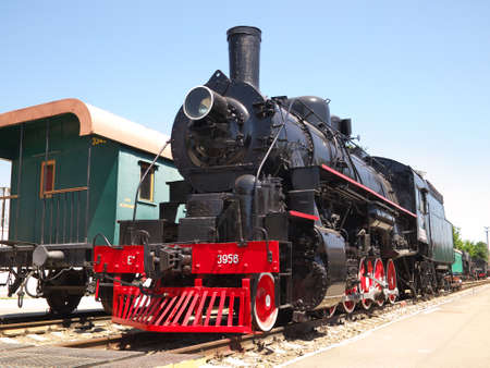 Rostov-on-Don, Russia - July 13, 2021. An old steam locomotive of the Em-3956 series in the Museum of Railway Transport. This locomotive was produced in 1945.のeditorial素材