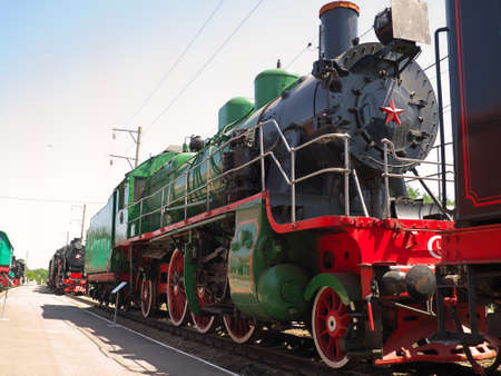Rostov-on-Don, Russia - July 13, 2021. An old Soviet steam locomotive of the Su series in the Museum of Railway Transport. The most common passenger locomotive of the USSR. This locomotive was released in 1948.のeditorial素材
