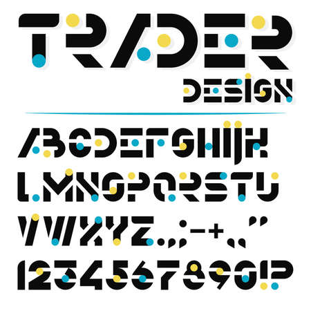 Vector creative font from tapes and circles. Color alphabet on a white background. Letters, numbers and punctuation marks.のイラスト素材