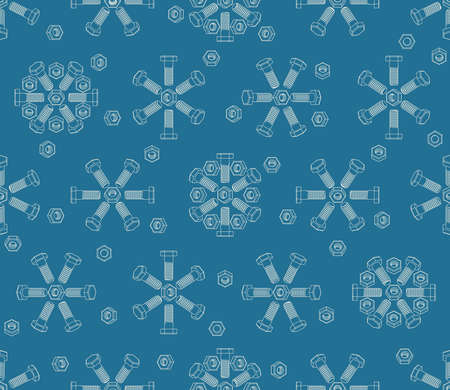 Christmas seamless pattern of bolts and nuts laid out in the shape of snowflakes. Isometric contour 3D drawing of fasteners. Vector background for construction tools store, technical support and others.のイラスト素材