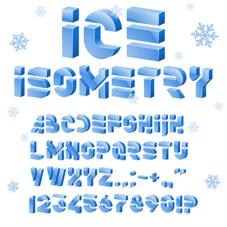 Vector ice alphabet. 3D isometric font. Vector letters, numbers and punctuation marks isolated on a white background. Editable strokes.のイラスト素材