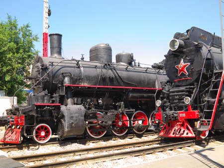 Rostov-on-Don, Russia - July 13, 2021. Old Soviet steam locomotives in the Museum of Railway Transport.のeditorial素材