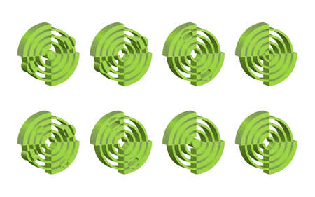 A set of 8 isometric 3D . Abstract round template. Sector geometric shape, symmetrical symbol, concentric circles, orbits. The company's design, etc.のイラスト素材