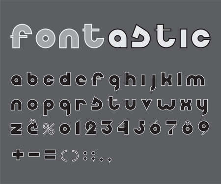 Vector grayscale font. Monochrome alphabet. Outlined letters, numbers and punctuation marks.のイラスト素材