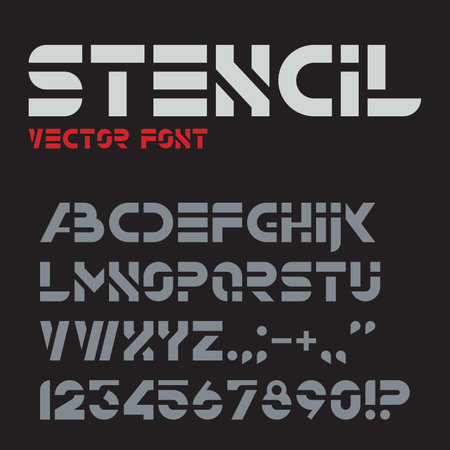 Vector stencil font. Monochrome alphabet. Letters, numbers and punctuation marks.のイラスト素材
