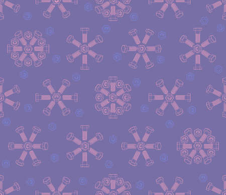 Christmas seamless pattern of bolts and nuts laid out in the shape of snowflakes. Isometric contour 3D drawing of fasteners. Vector background for construction tools store, technical support and others.のイラスト素材