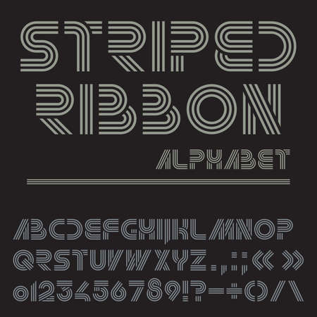Vector font from striped ribbons. Monochrome alphabet. Letters, numbers and punctuation marks on a black background.のイラスト素材