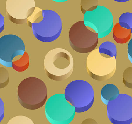 Abstract isometric 3D seamless pattern of multicolored intersecting circles. vector illustration.のイラスト素材