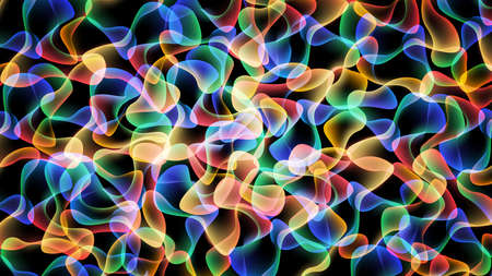 Abstract multicolored background of overlapping transparent amorphous figures with illumination on a black background. vector illustration.のイラスト素材