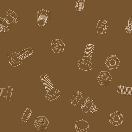 Seamless pattern with contour bolts and nuts on a brown background. Isometric 3D vector illustration. For repair service, technical support, tool shop or others.のイラスト素材