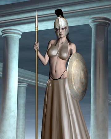 Pallas Athene the Greek Goddess of wisdom, civilization, warfare, strength, strategy, female arts, crafts, justice and skill (Roman Minerva) standing in her temple, 3d digitally rendered illustrationの写真素材