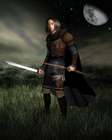 Hunter with bow and sword standing in moonlit grasslands, 3d digitally rendered illustrationの写真素材
