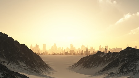 View towards a futuristic sci-fi city at sunset through a mountain pass covered by winter snow, 3d digitally rendered illustrationの写真素材