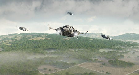 Futuristic science fiction scout ships flying a reconnaisance over rural farmland, 3d digitally rendered illustrationの写真素材