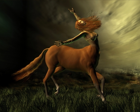 Female centaur facing into a storm, 3d digitally rendered illustrationの写真素材