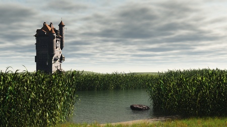Mediaeval or fantasy tower in empty marshlands with depth of field effect to focus on tower, 3d digitally rendered illustrationの写真素材
