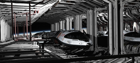 Science fiction illustration of futuristic space shuttle craft parked in a hanger bay, 3d digitally rendered illustrationの写真素材