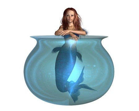 Pretty red-haired mermaid leaning on the edge of a blue glass goldfish bowl with her arms crossed, 3d digitally rendered illustrationの写真素材