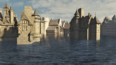 Flooded Medieval or fantasy town, 3d digitally rendered illustration