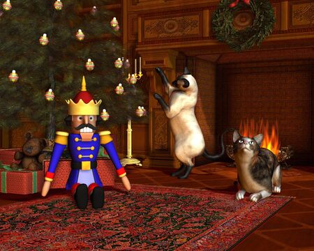 Two cats in front of the fire with festive tree and presents on Christmas Eve, 3d digitally rendered...