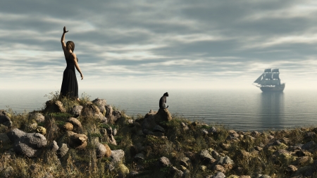 Illustration of a woman watching from the clifftop as her husband s ship returns, 3d digitally rendered illustrationの写真素材