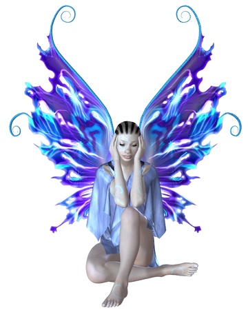 Illustration of a strange fairy with mystic skin markings, in a blue dress with blue and purple wings, 3d digitally rendered illustrationの写真素材