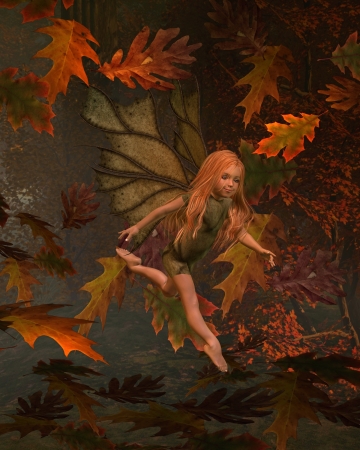 Illustration of a young fairy girl child with green leafy wings and costume in an Autumn  fall  woodland surrounded by swirling leaves, 3d digitally rendered illustrationの写真素材