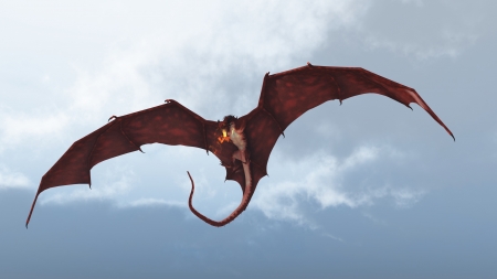 Red fire breathing dragon flying in to attack from a cloudy sky, 3d digitally rendered illustrationの写真素材