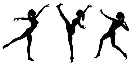 Silhouette illustrations of a female gymnast with a ponytail in various poses on a white backgroundの写真素材