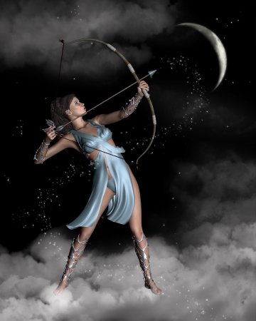 Illustration of Diana the Ancient Roman Goddess of the hunt, or Artemis in Greek classical mythology, in a night sky with stars and crescent moon, 3d digitally rendered illustrationの写真素材