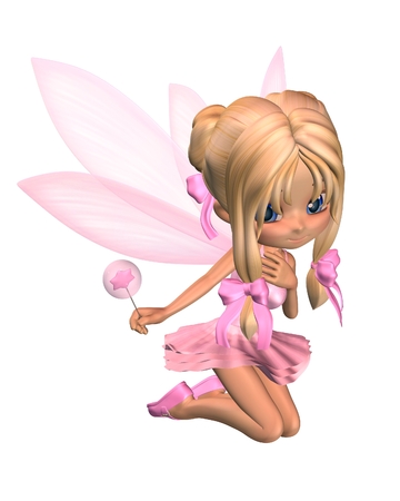 Cute toon ballerina fairy in a pink tutu with gossamer wings and a wand, kneeling down, 3d digitally rendered illustrationの写真素材