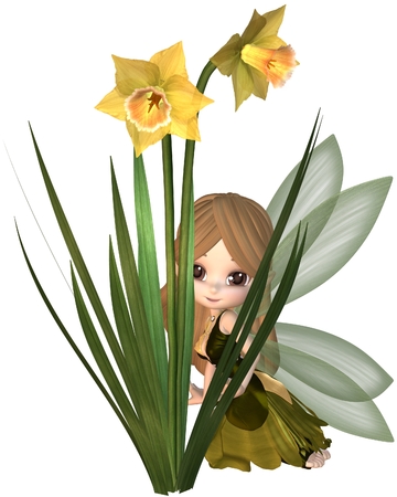 Cute toon daffodil fairy in green and yellow dress hiding behind spring daffodil flowers, 3d digitally rendered illustrationの写真素材