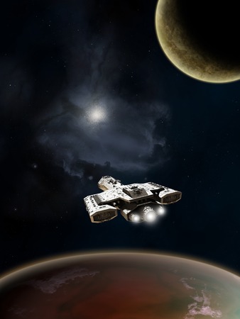 Science fiction spaceship above a red planet in deep space, 3d digitally rendered illustration