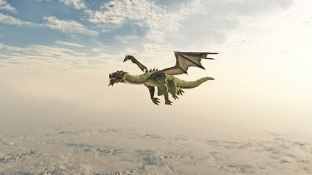 Fantasy illustration of a green dragon flying through clouds over high mountains, 3d digitally rendered illustrationの写真素材