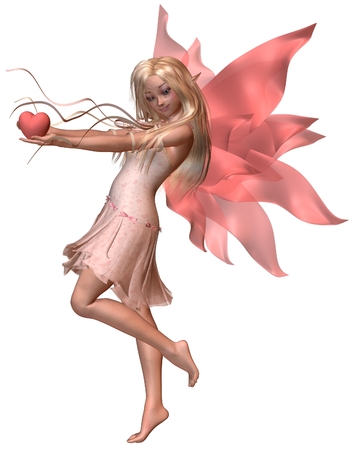 Fantasy illustration of a pink valentine fairy holding a heart, side view, 3d digitally rendered illustrationの写真素材