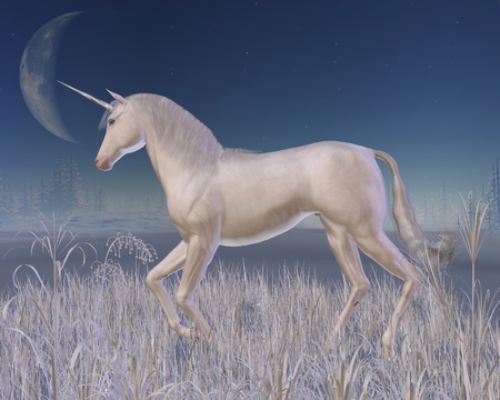 Fantasy illustration of a white unicorn in a moonlit winter landscape, 3d digitally rendered illustrationの写真素材