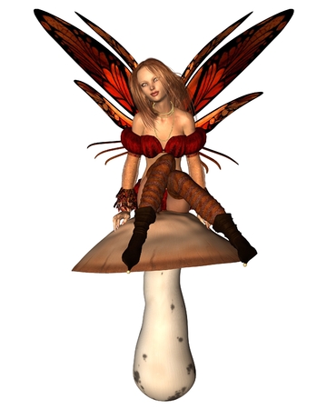 Fantasy illustration of an Autumn fairy sitting on a toadstool, 3d digitally rendered illustrationの写真素材